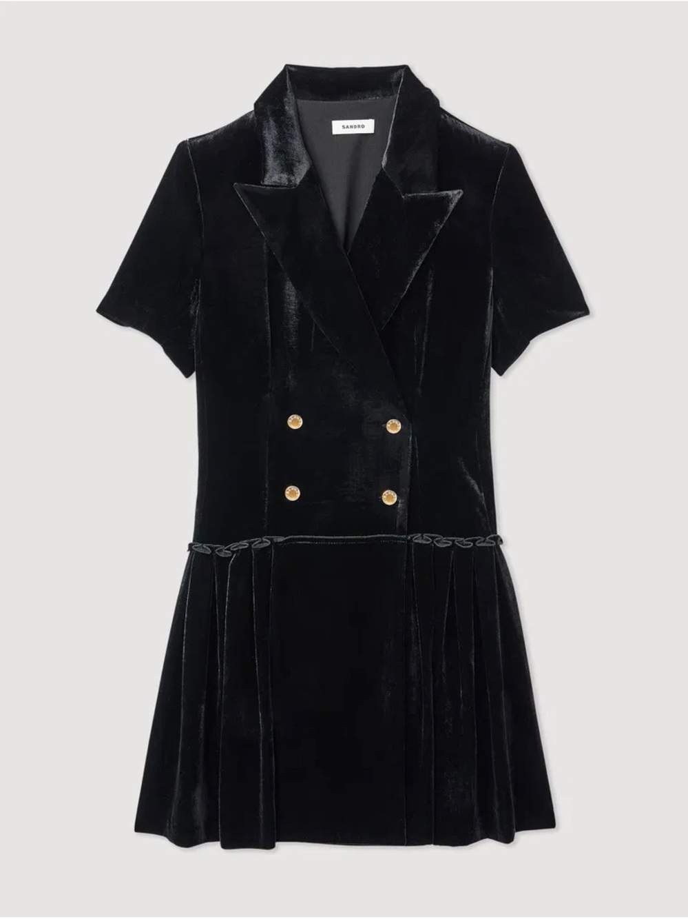 Sandro Black Velvet Short-Sleeve Double-Breasted Mini Dress with Gold Buttons